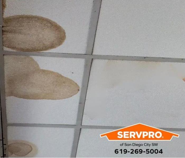 The ceiling in a commercial building shows water stains from water damage.