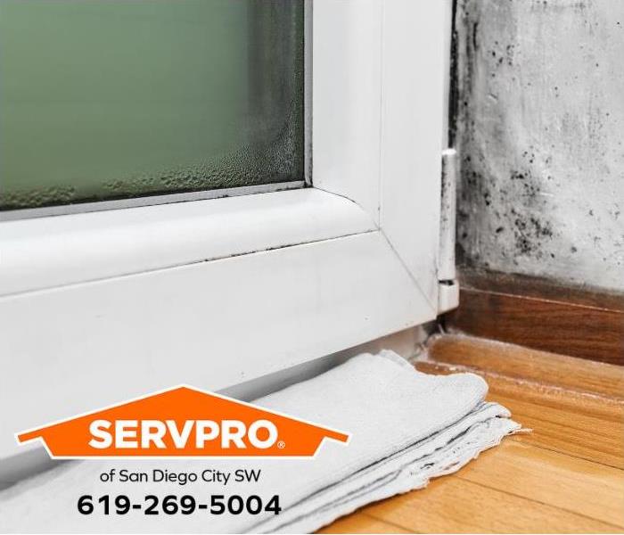 Condensation around a door frame is causing mold to grow in a house.