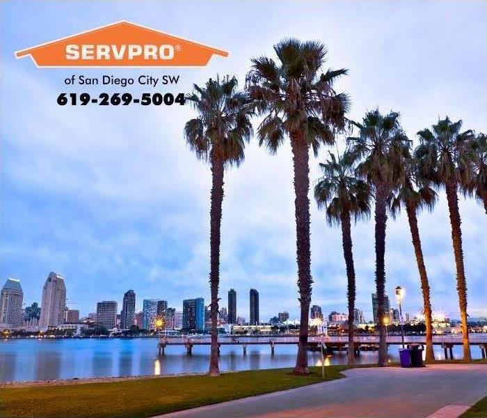 The San Diego city-scape and bay is shown as the sun is setting.